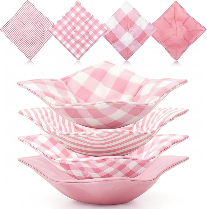 CHENGU 4 Pcs Pink Plaid Cotton Microwave Bowl Cozy Holders for Hot Food Hot Pad Soup Bowl Potholder Heat Resistant Multipurpose Quilted Safe Holder for Kitchen Plate Supply Pink, White