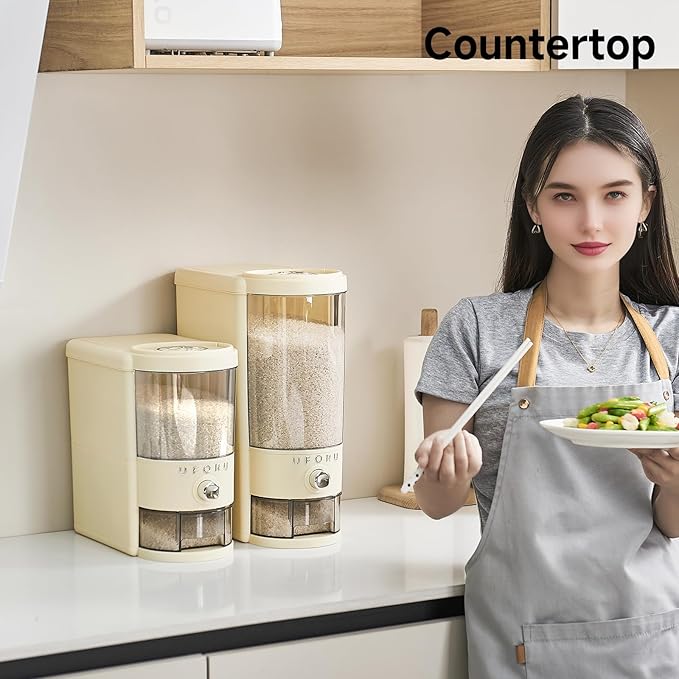 Rice Dispenser 20 lbs | Large Rice Storage Container for Kitchen&Pantry - Space-saving, Moisture & Pest-proof, BPA-Free - Dry Food Dispenser with One-Touch Dispenser & Measuring Cup for Families