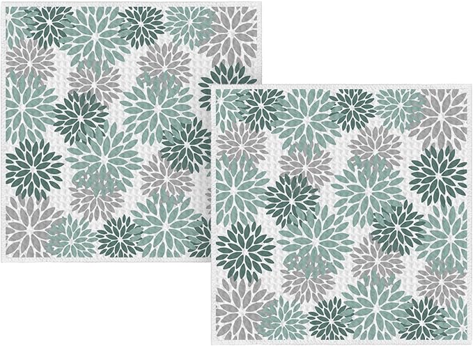 Artoid Mode Green Dahlia Floral Kitchen Dish Cloths, 12x12 Inch Quick Dry Microfiber Dishcloths for Kitchen Premium Dish Rags Set of 2