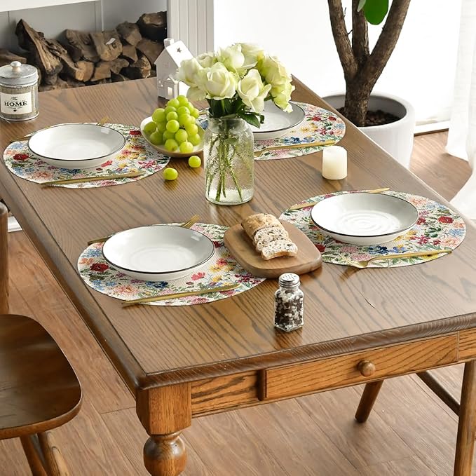 Artoid Mode Vintage Floral Spring Round Placemats Set of 4, 14 Inch Seasonal Holiday Round Table Mats for Party Kitchen Dining Decoration