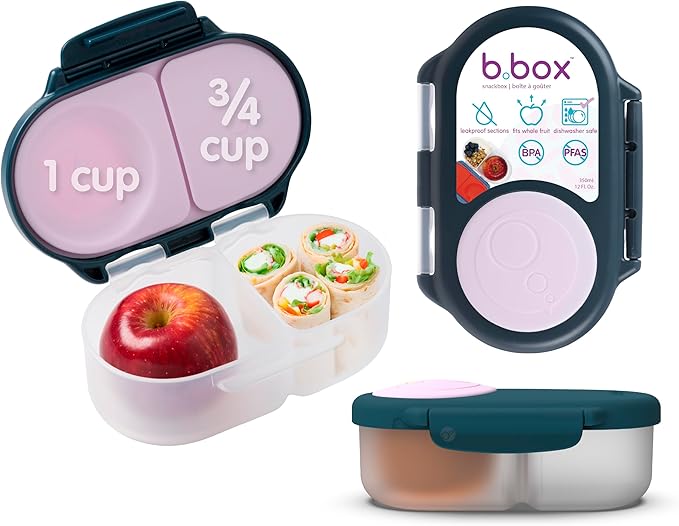 b.box Snack Box - Leakproof Mini Bento Box for Kids & Toddlers, 2 Compartment Snack Containers for Kids, Lunch Containers, Dishwasher Safe, BPA Free, PFAS Free, Ages 4m+, 1 3/4 Cup - Indigo Rose