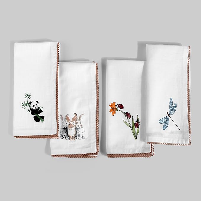 FINGERCRAFT Cloth Napkins, Set of 4 Cotton Linen Blend Printed Dinner Napkins Cloth Mitered Corner Perfect for Parties Dinners Weddings Cocktail Christmas Easter 20x20 in Multi Animal Print