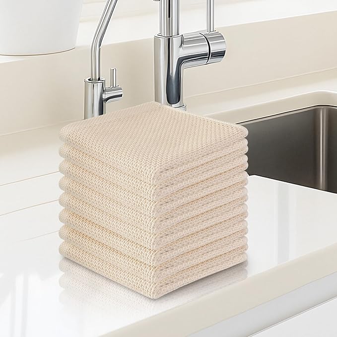 100% Cotton Waffle Weave Kitchen Towels, 8 Pack Dish Cloths for Washing Dishes, Ultra Soft Absorbent Dish Towels, Quick Drying Kitchen Rags, 12x12 Inches, Beige