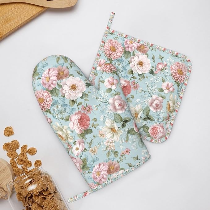 Oven Mitts and Pot Holders Flower Vintage Peony Floral Silicone Kitchen Accessories Set of 2 Heat Resistant Long Gloves Potholder Non-Slip Grip for Chef Cooking,Baking,Grilling,BBQ