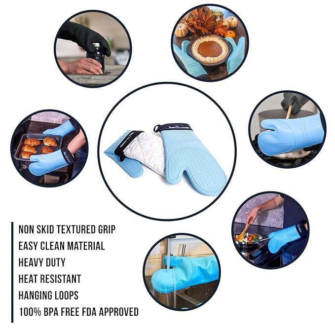 Silicone Oven Mitts Heat Resistant 500 Degrees - 2 Extra Long Silicone Oven Mitt Pot Holders - Food Safe Oven Gloves - BPA Free - Soft Inner Lining - (Blue) - Frux Sili Mitts