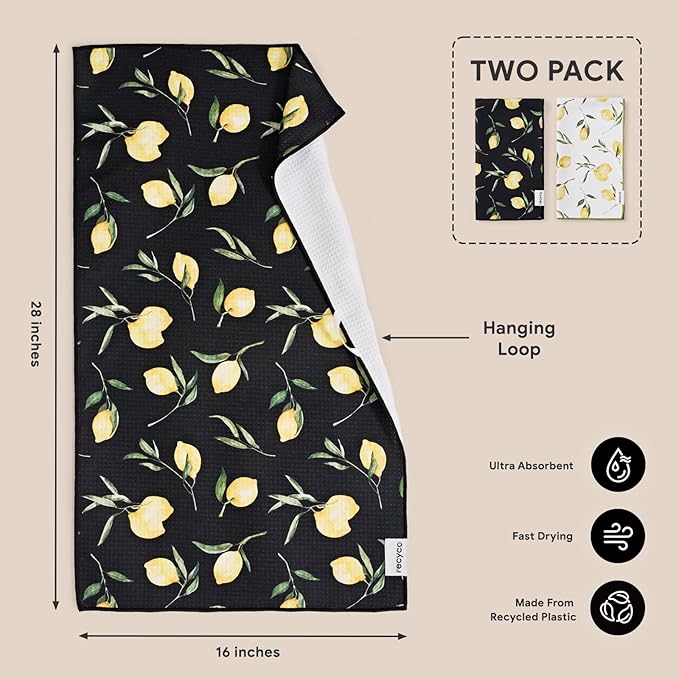 RECYCO Waffle Kitchen Towel Set of 2 - Quick Dry Microfiber Sustainable Dish Towels - Ultra Absorbent Reusable Cleaning Tea Towels - Lightweight Hand Towels,16”x 28”, Lemon Grove
