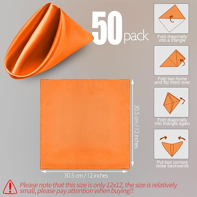 Manyshofu 50 Pieces Burnt Orange Satin Napkins - 12x12 Inches Cloth Napkins, Square Satin Fabric Napkin Set - Soft & Smooth Table Napkins for Wedding Dinner Party Lunch Banquet Restaurant Decoration