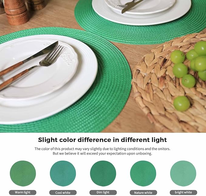 FunWheat Round Braided Placemats Set of 6 Table Mats for Dining Tables Woven Washable Non-Slip Place mats 15 inch(Holly Green, 6pcs)