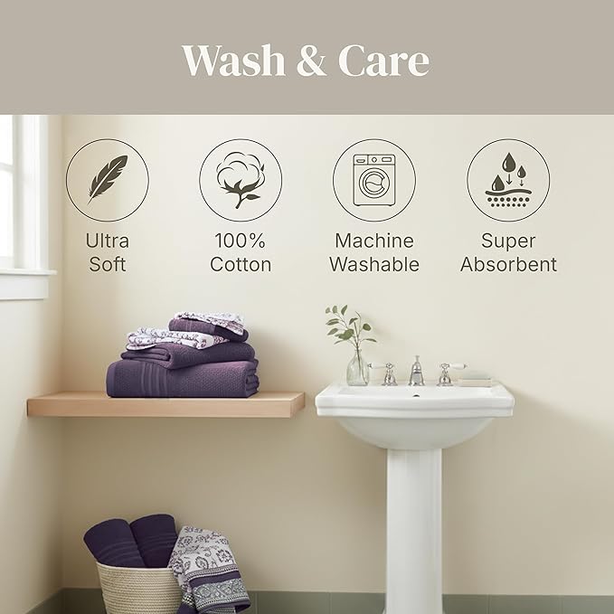 Modern Threads Floral Trail 6-Piece 100% Cotton Towel Set – Reversible Yarn Dyed Jacquard – Includes 2 Bath Towels, 2 Hand Towels, 2 Washcloths – Absorbent, Quick Dry, Soft & Durable – Purple