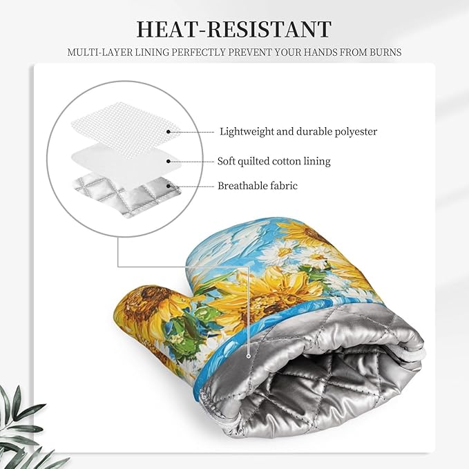 Oven Mitts and Pot Holders Sunflower Daisy Flower Art Silicone Kitchen Accessories Set of 2 Heat Resistant Long Gloves Potholder Non-Slip Grip for Chef Cooking,Baking,Grilling,BBQ