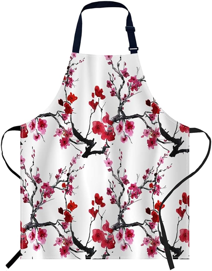 oFloral Watercolor Cherry Blossoms Apron Unisex Adjustable Bib Apron, Cooking Kitchen Chef Apron, Women Men Apron for Home Kitchen, Restaurant, Coffee house