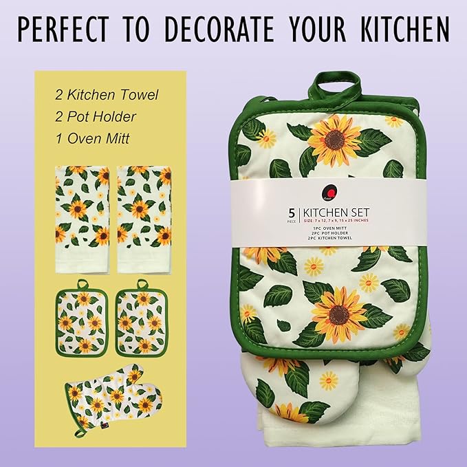 Oven Mitts and Potholders Dish Towles Set 100% Cotton for Perfect for Gifting, Baking and Everyday Cooking Durable Heat Resistant for Kitchen (5-Piece Sunflower)