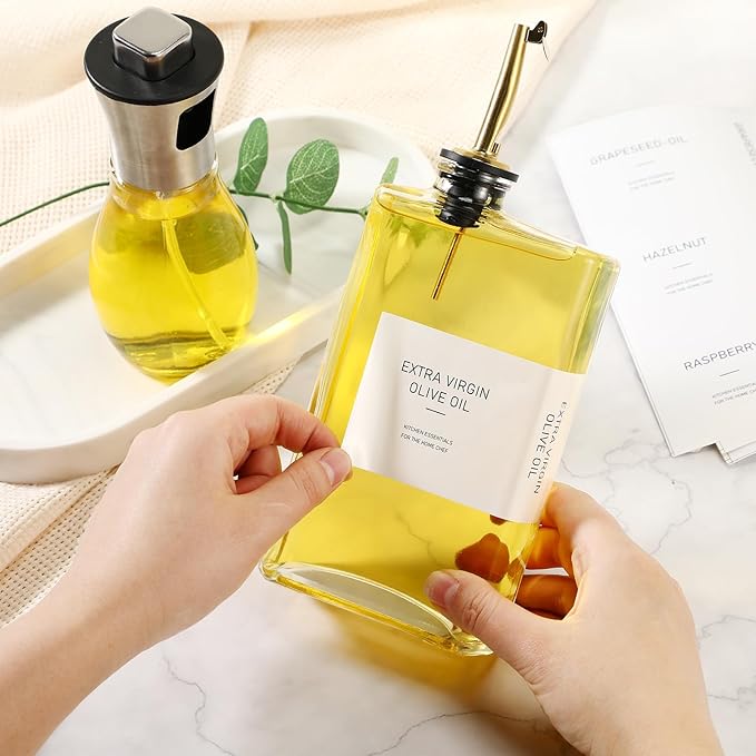 Hushee 2 Pcs 350ml Olive Oil Dispenser Bottle for Kitchen & 1 PC 200ml Oil Sprayer for Cooking with Silicone Funnel, Tray, Stickers, Coffee Syrup Dispenser for Soy Sauce Salad Air Fryers