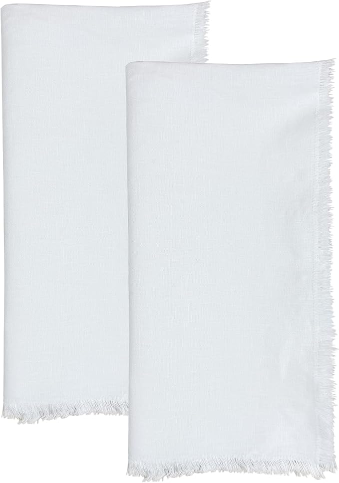 100% Pure Linen Kitchen Towel Set, Includes 2 Towels, 20" x 27", Handcrafted with Hanging Loop and Fringe Design (White)