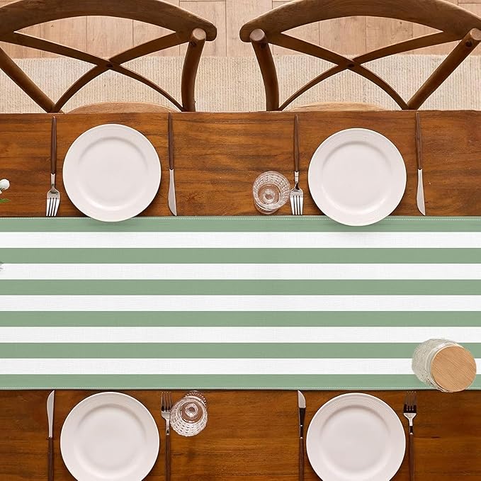Sage Green and White Cabana Striped Table Runner Baby Shower Birthday Party Decoration Wedding Dining Room Home Kitchen Table Decor (Sage Green, 13" x 90")