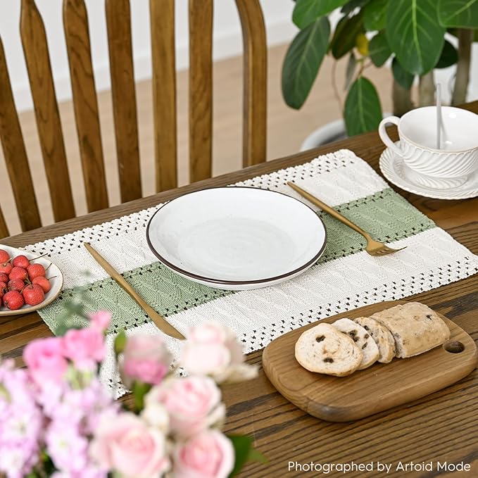 Artoid Mode Light Green Farmhouse Rustic Placemats Set of 4,12x18 Inch Seasonal Holiday Hollow Table Mats Party Kitchen Dining Decoration