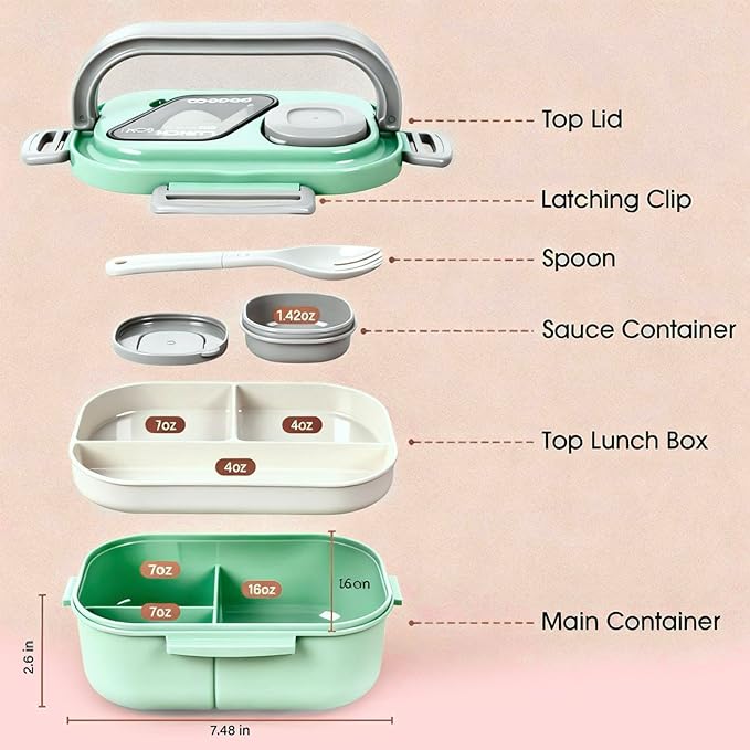 PEDECO Bento Box Set with Lunch Bag, Lunch Containers for Women&Men&Kids. Leakproof 3-Compartment and 2-Tier Stackable Container with Portable Sauce Pod, Microwave/Dishwasher Safe, BPA-Free (Green)