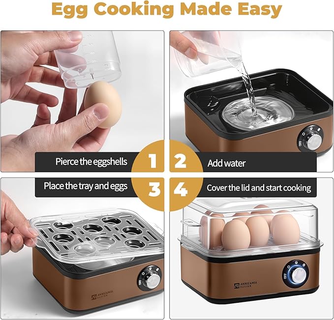 Annie & Mia Design Stainless Steel Electric Rapid Egg Cooker, 8 Egg Capacity 500W, Soft/Medium/Hard Boiled Egg Boiler Poacher Steamer Omelet Maker, Knob Auto Shut-Off, with Recipe Guide Book (Gold)