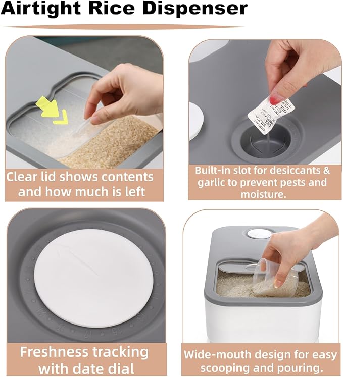 Rice Storage Container, 11 Lbs Plastic Airtight Rice Dispenser with Measuring Cup, Dry Food Storage Bucket Box with Lid, Flour Bin Pet Food Container, Kitchen Organizer for Grain Cereal, White