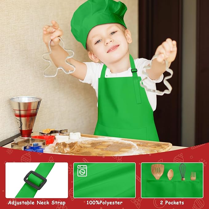 Kids Apron and Chef Hat Set, 16 Pieces Boys Girls Christmas Kids Apron with 2 Pockets Adjustable for Cooking Classroom Baking Painting, 6-13 Years(Red, Green)