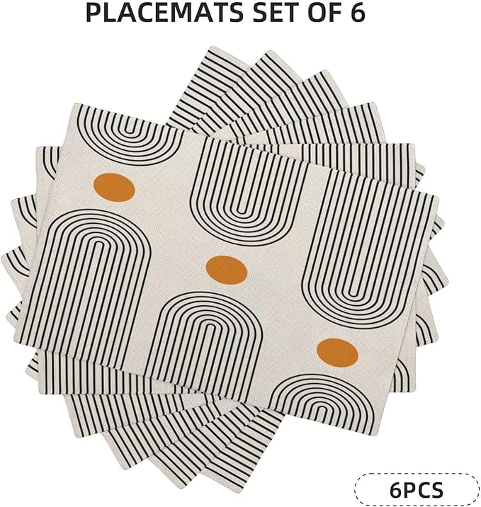 Boho Mid Century Placemats 12x18 Inch Set of 6, Abstract Simple Sun Arch Pattern Table Place Mat Boho Modern Yellow Spot Washable Table Mats Decorative Linen Fabric Table Mat for Dining Table