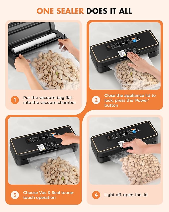 Vacuum Sealer for Food, 95kPa Food Saver Vacuum Sealer Machine, 135W Fast-Sealing with Easy Tear Cutter, Built-in Bag Storage, 9-in-1 Compact Food Vacuum Sealer Machine with 10 ft Bag Roll
