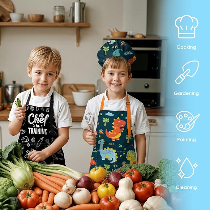 SANDJEST Kids Apron with Chefs Hat Set, Kitchen Apron Gifts