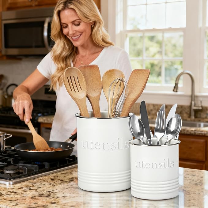 FoldTier 2 Pack Kitchen Utensil Holder for Counter 6.7"+4.7" Farmhouse Cooking Utensil Crock with Cork Bottom Modern Farmhouse Decors Countertop Storage Organizer Caddy Housewarming Gift (White)