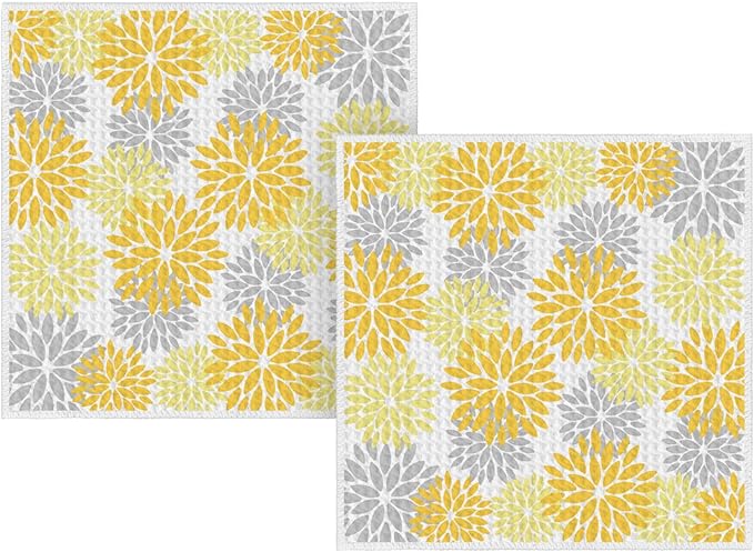 Artoid Mode Yellow Dahlia Floral Kitchen Dish Cloths, 12x12 Inch Quick Dry Microfiber Dishcloths for Kitchen Premium Dish Rags Set of 2