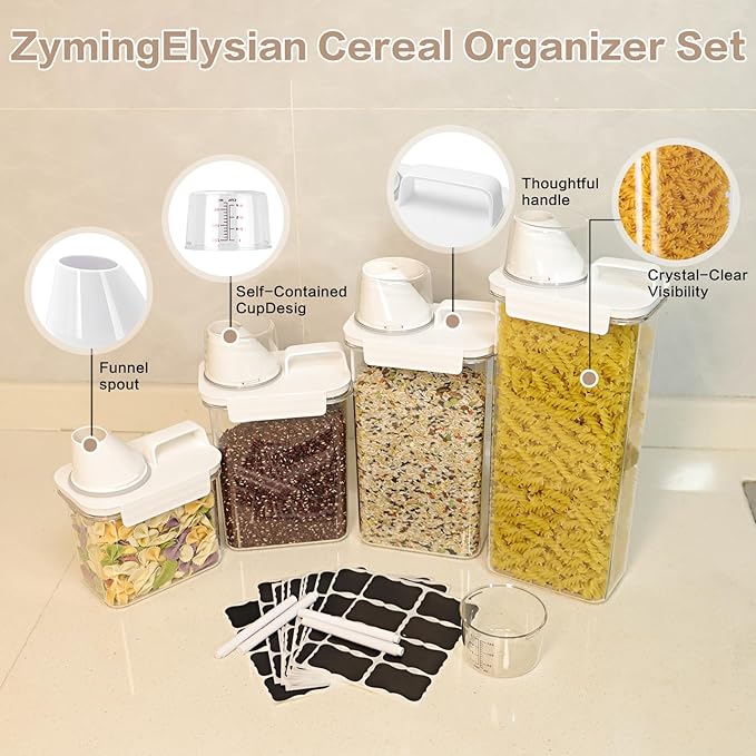 Air Tight Cereal Container Organizer Set of 6 - 1800ML & 2300ML Total 417oz, Dry Food Storage for Pet Food, Rice, Oatmeal with Pour Spout Lid and Plastic Small Measuring Cup for Flour and Sugar