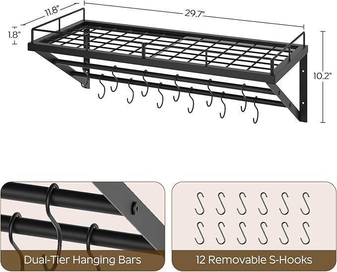 YATINEY Pot Rack, 30 Inch Wall Mounted Pot Rack, Kitchen Pot and Pan Organizer with 2 Tier Hanging Rails, 12 S-Hooks, Space Saving, for Kitchen Cookware Organizer, Black PR02BK