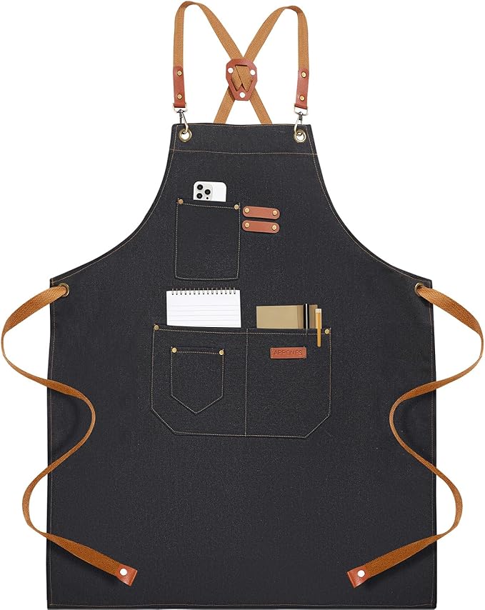 Chef Aprons for Men Women with 4 Large Pockets, Cotton Canvas Cross Back Adjustable Apron for Work grilling kitchen gardening