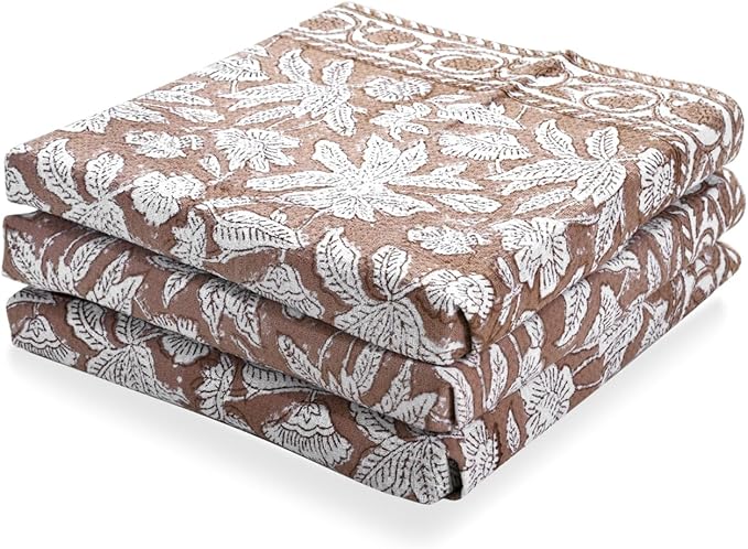 Ridhi Oak Brown Hand Block Print Waffle Kitchen Towel Set of 3-16 x28 Ultra Absorbent Quick Dry 100% Cotton Dish Towels Lightweight Reusable Sustainable Tea Towels for Cleaning and Drying