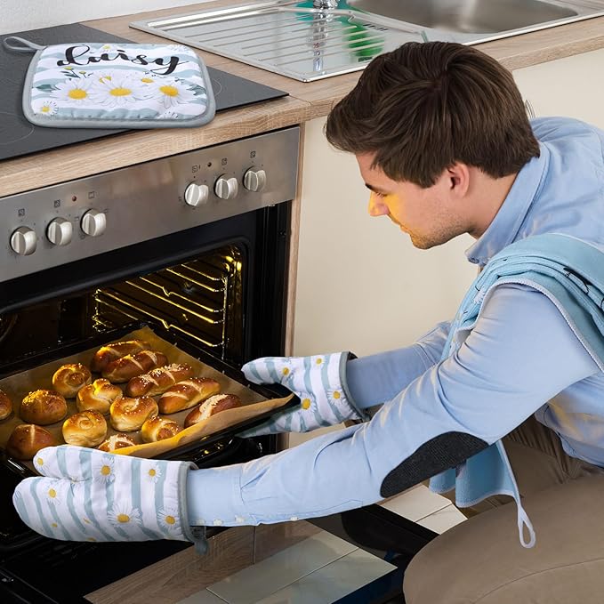 Bencailor 6 Pcs Daisy Kitchen Decor Blue Towels Daisy Pot Holders and Oven Mitts Sets for Farmhouse Kitchen Decor Summer Flower Home Decoration Housewrming Gifts