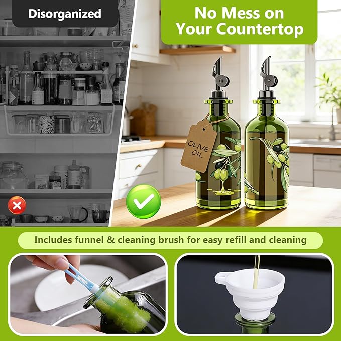 COOLMI Olive Oil Dispenser Bottle Set of 2-12oz Glass Oil & Vinegar Cruet for Kitchen - Leakproof Stainless Steel Pourers, Funnel & Labels - Extra Thick Decanter Container