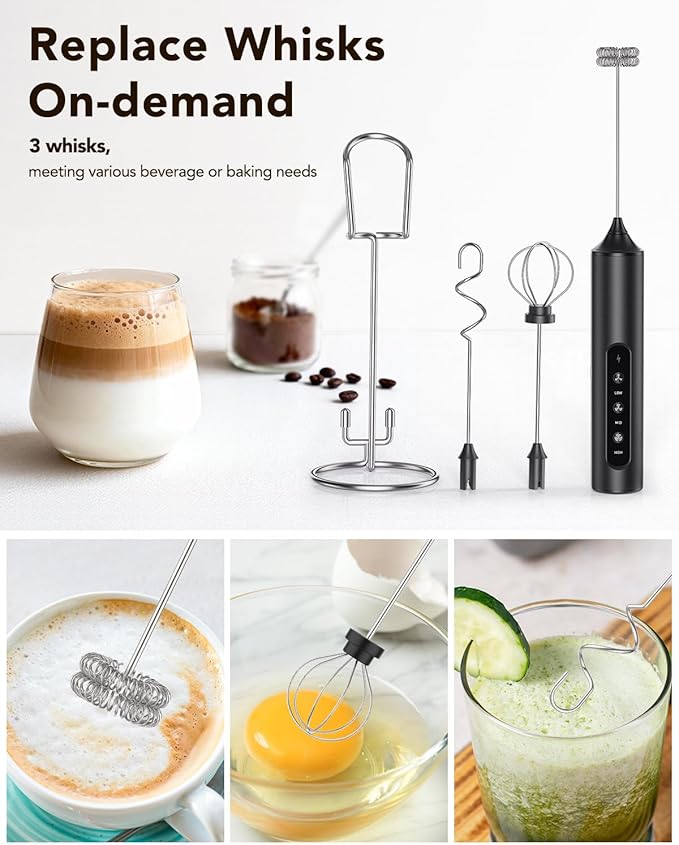 3-in-1 Electric Milk Frother with Stand, Rechargeable LED Display & 3 Speeds - Portable Whisk for Coffee, Protein Shakes, Baking - Makes Latte, Cappuccino, Matcha Foam -Blk (Rechargeable with stand)