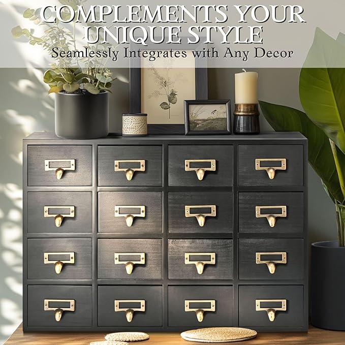 Flexzion Apothecary Cabinet with Drawers - 16 Vintage Apothecary Drawers Desktop Organizer for Home & Office - Wooden Tabletop Library Card Catalog Cabinet Storage for Jewelry, Makeup & Tools, Black