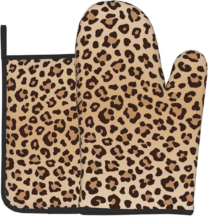 Leopard Print Oven Mitts and Pot Holders Animal Skin Heat Resistant Oven Mitts Safe for Baking Cooking BBQ