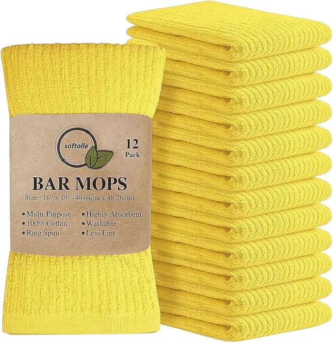 Softolle Bar Mop Towels, Pack of 12-16x19 Inches - 100% Cotton Super Absorbent Towels, Multi-Purpose for Home and Bar Cleaning (Yellow)