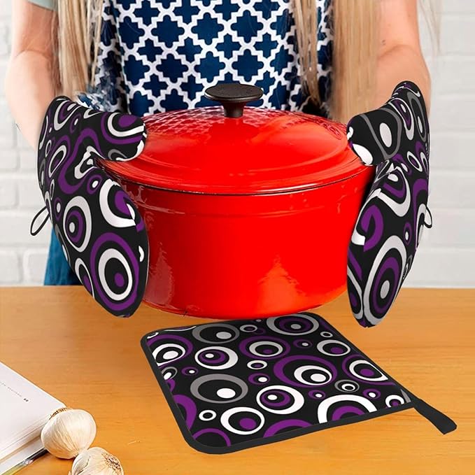 Purple Black White Retro Circular Oven Mitts & Pot Holders Sets of 3, Heat Resistant Modern Abstract Art Oven Gloves and Hot Pad for Home Cooking Baking Grilling, Baking Gifts for Women, Kitchen Decor