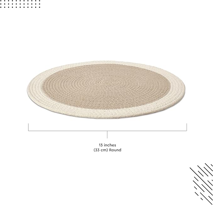 Encasa XO Dining Placemats Set of 4 | Cotton Round Table Mat - 13 in Diameter | Beige & Off White | Handmade Rib Style Chargers for Dinner Plates