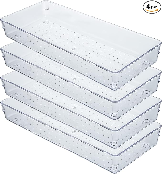 Kingrol 4-Pack Clear Drawer Organizer Bins, 15 x 6 x 2 Inch Desk & Kitchen Drawer Dividers for Utensils, Makeup, Jewelry, Office, Craft Supplies - Durable & Non-Slip Storage Containers