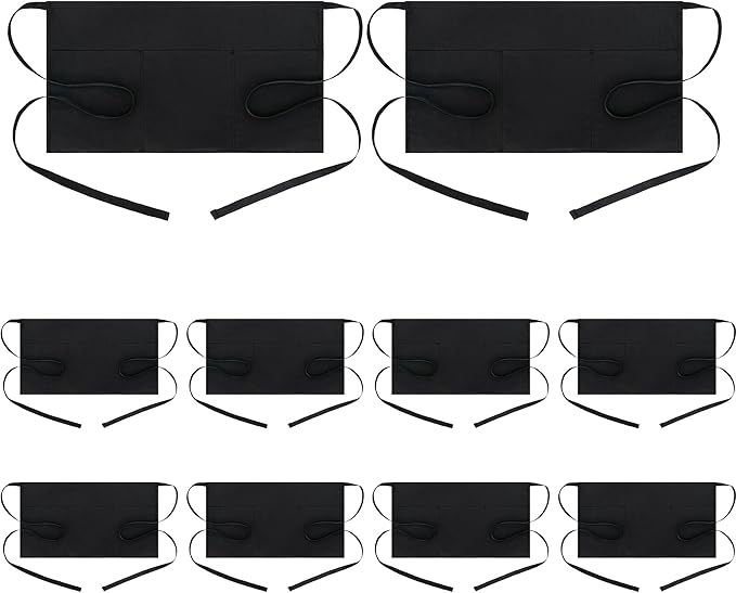 BOHARERS 10 Pack Black Waitress Aprons Server Apron with 3 Pockets Men Women Short Waterproof Apron Kitchen, Restaurant
