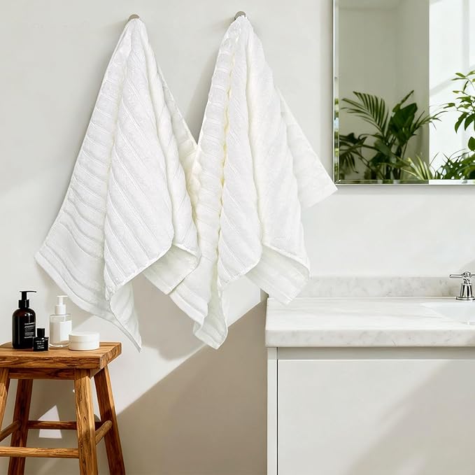 Jacquotha Luxurious 2-Pack Ribbed Striped Hand Towels (White) – Hotel & Spa Premium Cotton Face Towels 13” x 29”, Soft and Quick Drying 480 GSM
