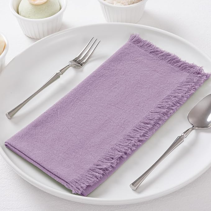 DeZerlor 6 Pack Purple Cotton Linen Napkins with Fringe Spring Cloth Napkins Set of 6 Boho Handmade Dinner Napkins Bulk for Wedding Bridal Baby Shower Parties, 17 x 17 Inches