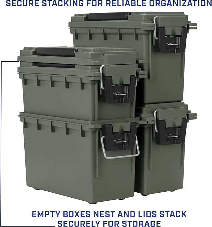 Sheffield 12757 4-Pack Ammo Storage Box, Stackable .30 Cal Field Boxes, Water and Dust Resistant, Lockable Storage Box with Handle, Secures Hunting Gear, Supplies, and Bullets, Made in USA, Green