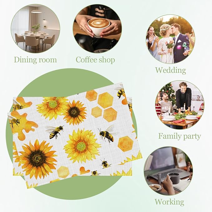 Sunflower Honey Bee Placemats Set of 6, Washable Heat Resistant Table Mat Linen Place Mats for Party Kitchen Dining Home Decor 12x18 Inch