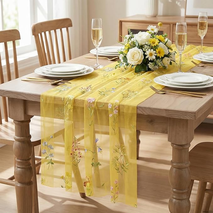 Artoid Mode Wildflower Floral Yellow Gauze Embroidery Table Runner 120 Inch 10FT, Tulle Seasonal Spring Kitchen Dining Table Decor for Home Party