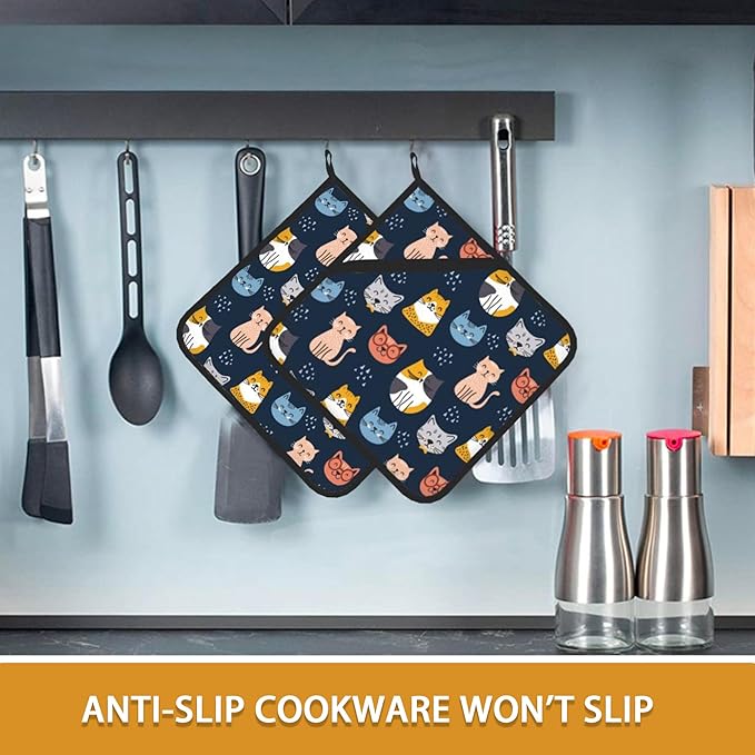 Cute Cat Pot Holder Set of 2,Heat Resistant Potholders Oven Hot Pads for Kitchen Cooking Baking BBQ