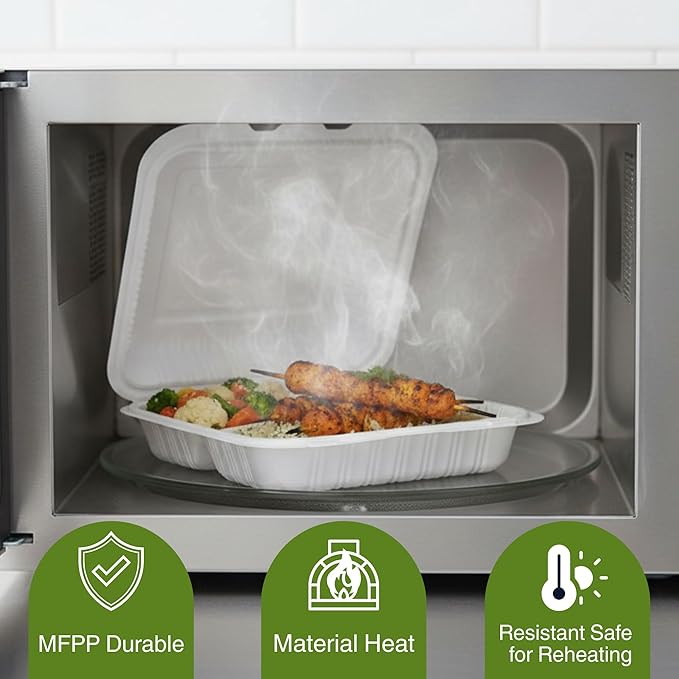 Front Lock MFPP Hinged Container, White Vented 9" x 9" – 1 Compartment Clamshell Disposable Takeout Boxes, Durable Microwaveable To-Go Containers for Restaurant & Food Service – 150 Pack
